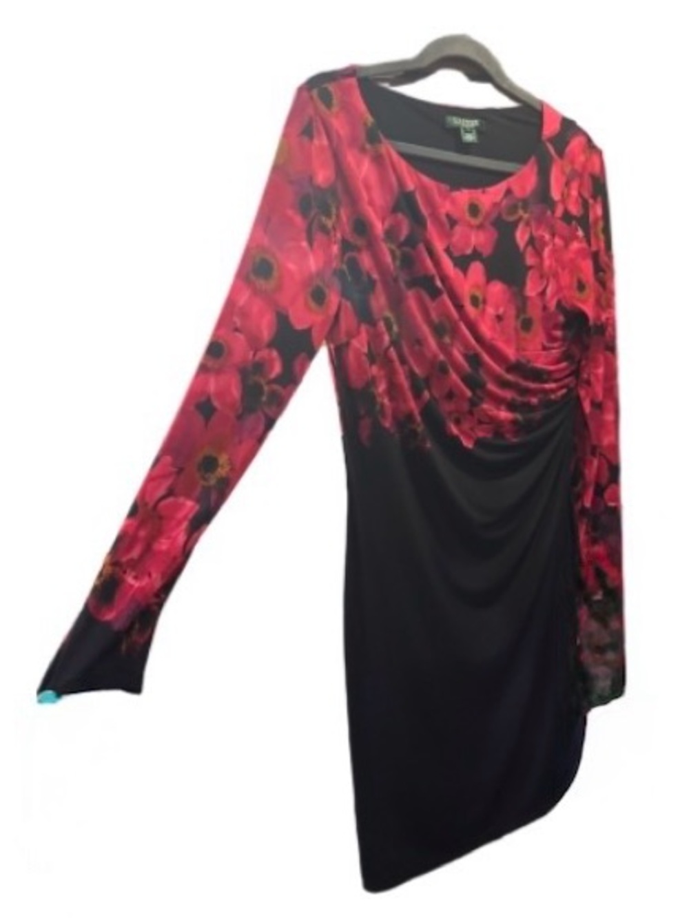Lauren Ralph Lauren Black and Red Floral Long Sleeve Draped Dress